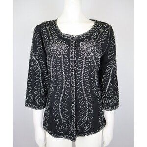 WOMEN'S BLACK STRETCH KNIT EMBROIDERED CARDIGAN SWEATER - ONCE AGAIN - SIZE S